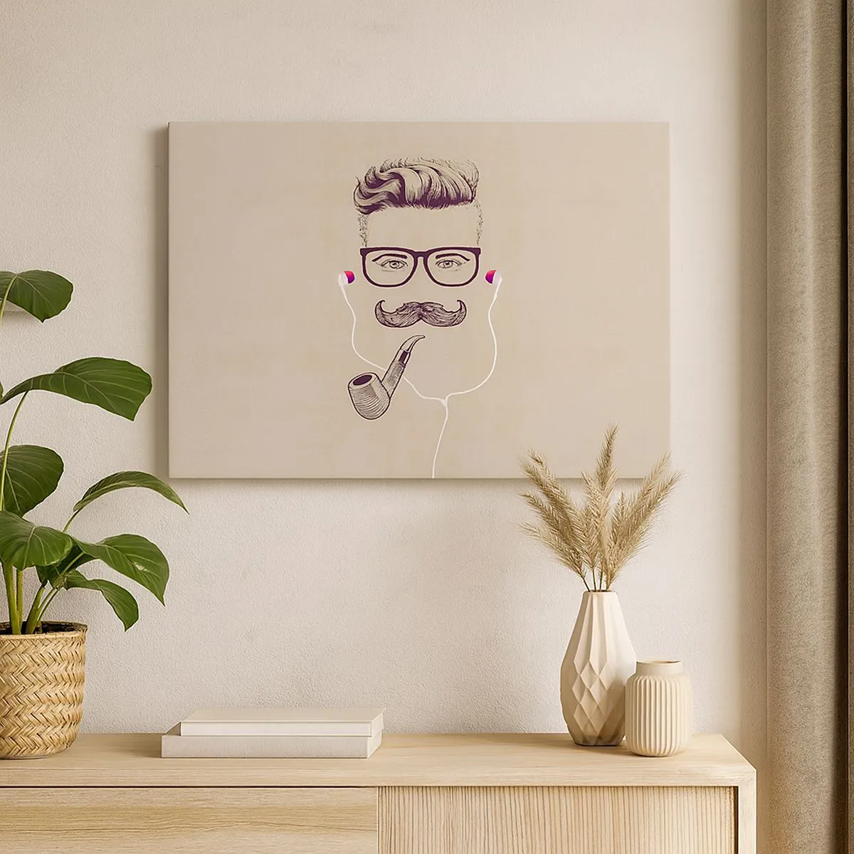 Lærredstryk - Billede på lærred - Retro portræt af en mand med en pibe, hovedtelefoner og briller - 70x50cm - En rigtig mand? - Moderne vægdekoration til stue og soveværelse ARTTOR