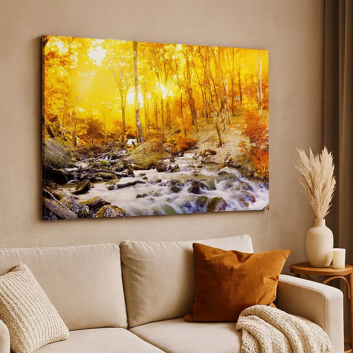 Vászonkép - Őszi erdő egy patakkal az aranyló levelek között - 70x50cm - Kövek aranyba és platinába - Modern fali dekoráció nappalihoz és hálószobához ARTTOR