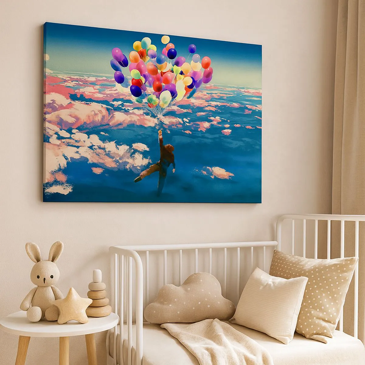 Canvastavla - Bild på duk - En figur som svävar ovanför molnen med färgglada ballonger - 70x50cm - Uppfylld barndomsdröm - Modern väggdekoration för vardagsrum och sovrum ARTTOR