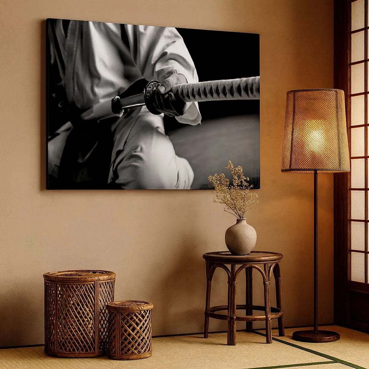 Bild auf Leinwand - Leinwandbild - Ein Samurai im Kimono hält ein Katana in Schwarz und Weiß. - 70x50cm - Kriegerseele - Moderne Wanddekoration für Wohnzimmer und Schlafzimmer ARTTOR