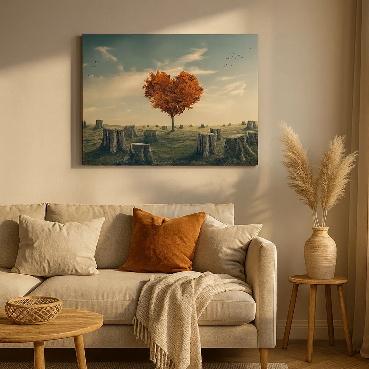 Lærredstryk - Billede på lærred - Et hjerteformet træ i en mark med stubbe, et symbol på håb - 70x50cm - Der er stadig håb - Moderne vægdekoration til stue og soveværelse ARTTOR