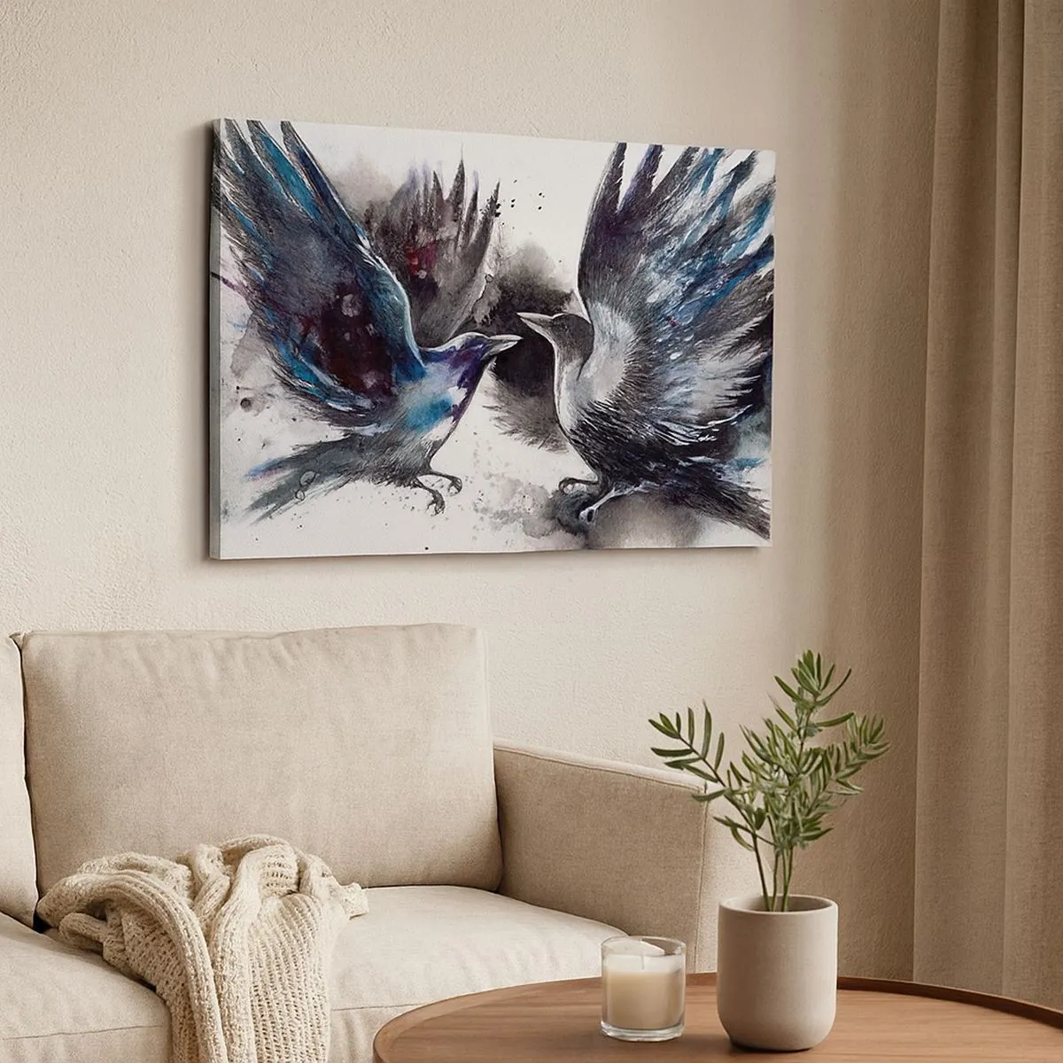 Tablou pe pânză Canvas - Corbi artistici într-o compoziție dinamică în acuarelă - 70x50cm - Bătălia corbilor - Decorațiune modernă pentru perete pentru living și dormitor ARTTOR