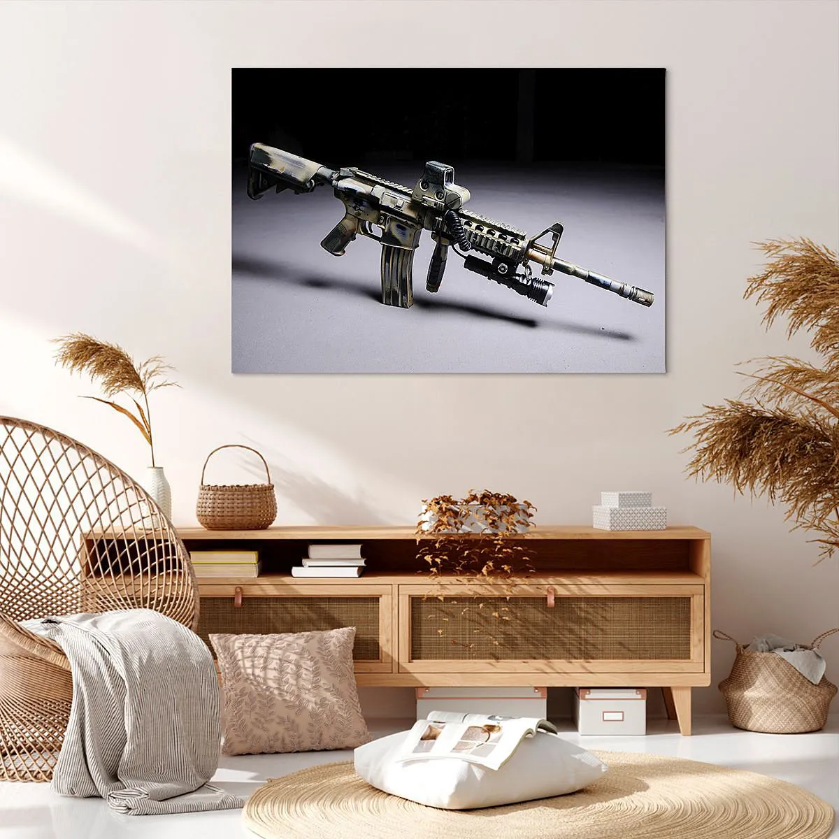 Canvastavla - Bild på duk - Modernt vapen i kamouflagefärg på en mörk bakgrund - 70x50cm - Alltid farlig - Modern väggdekoration för vardagsrum och sovrum ARTTOR