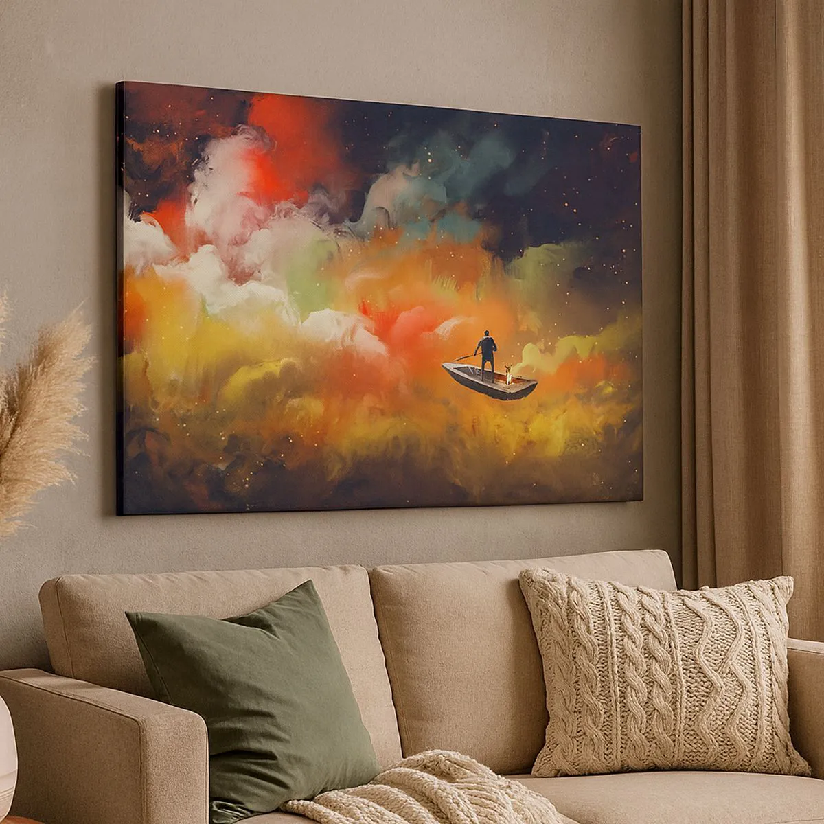 Canvastavla - Bild på duk - En figur i en båt mot en bakgrund av färgglada moln - 70x50cm - I båten genom galaxen - Modern väggdekoration för vardagsrum och sovrum ARTTOR