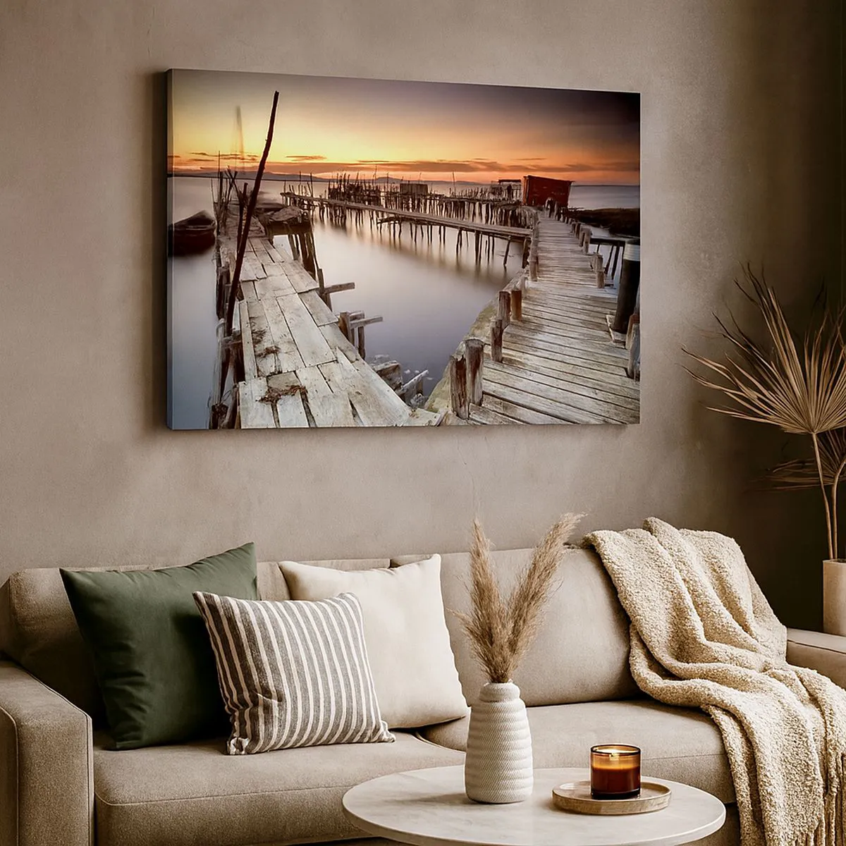 Quadro em tela - Cais de madeira em águas calmas ao pôr do sol - 70x50cm - Turismo autêntico, não fictício - Decoração de parede moderna para a sala de estar e quarto ARTTOR