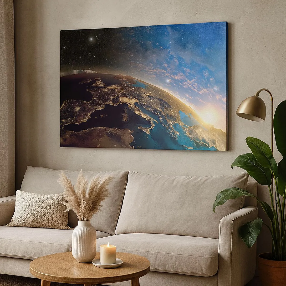 Obraz na płótnie - Widok na Ziemię z kosmosu o wschodzie słońca - 120x80cm - Spójrzmy na siebie z dystansu - Nowoczesna dekoracja ścienna do salonu, kuchni i sypialni ARTTOR