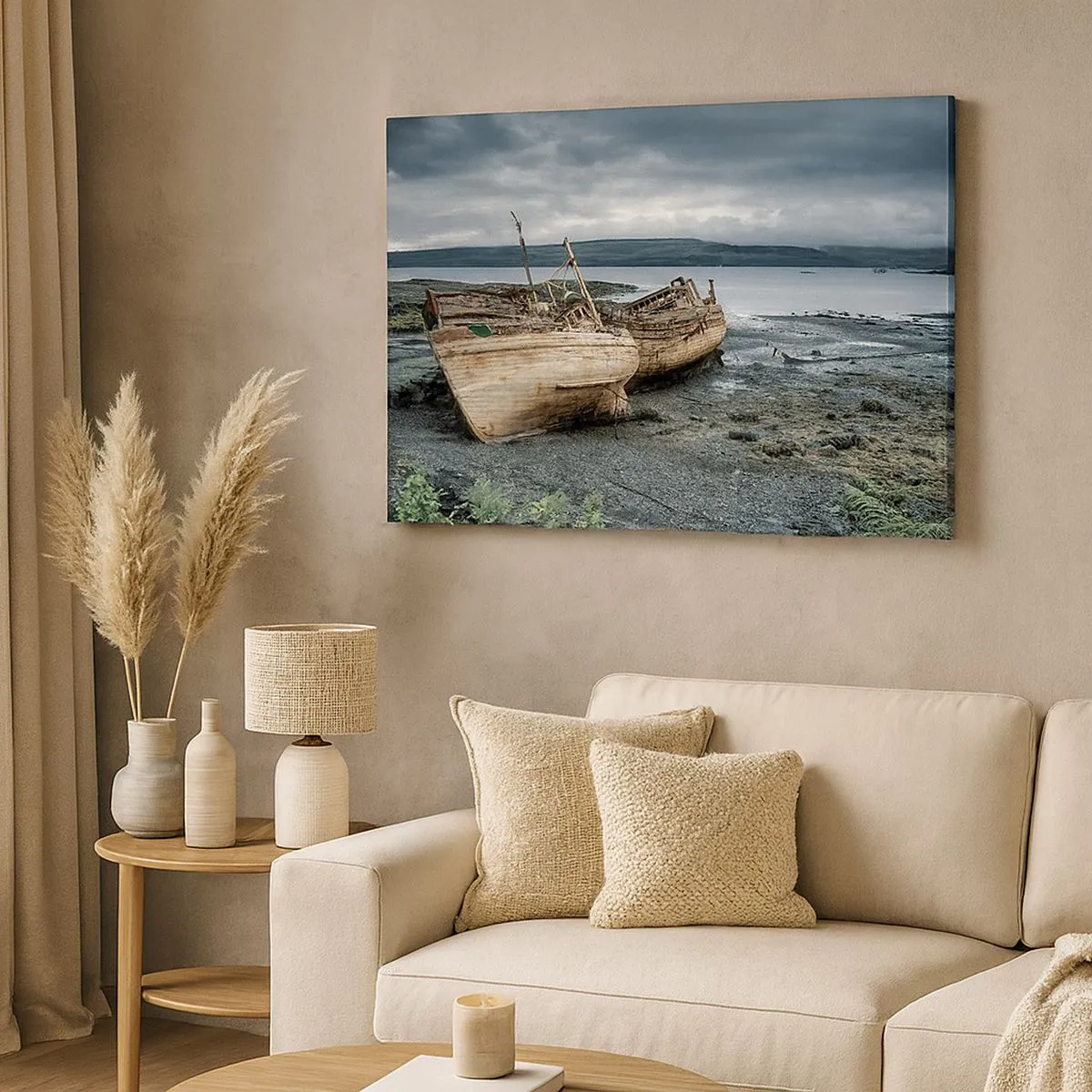 Obraz na plátne - Opustené lode na brehu v daždivom prostredí - 70x50cm - „Na znamenie dôstojne vynaloženého úsilia“ - Moderná nástenná dekorácia do obývacej izby a spálne ARTTOR