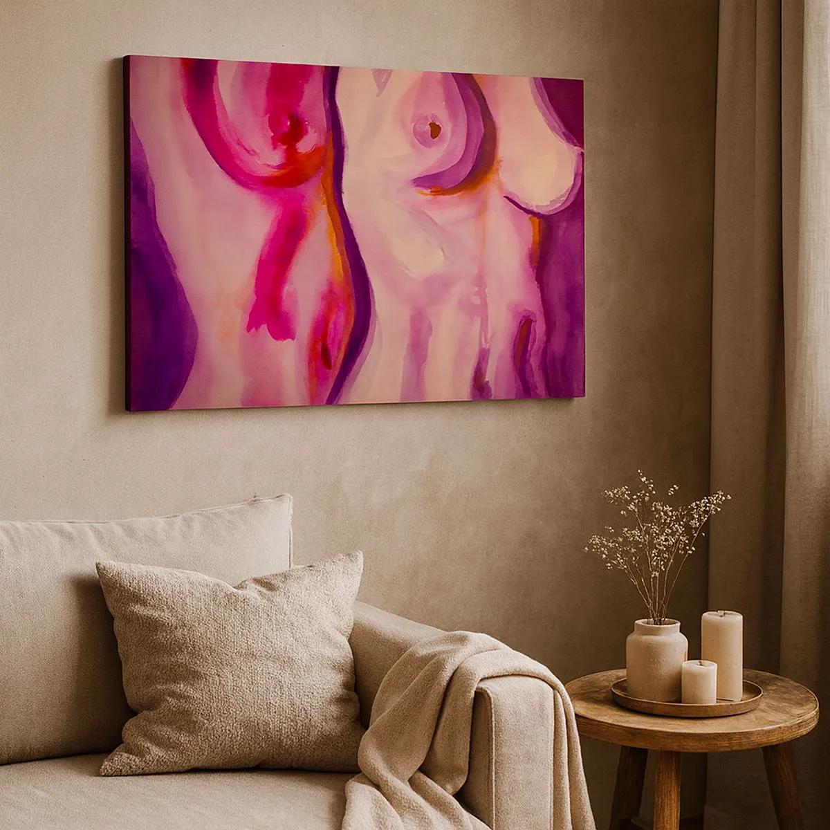 Tablou pe pânză Canvas - interpretare abstractă a siluetei feminine în roz și violet. - 70x50cm - Oda feminității - Decorațiune modernă pentru perete pentru living și dormitor ARTTOR