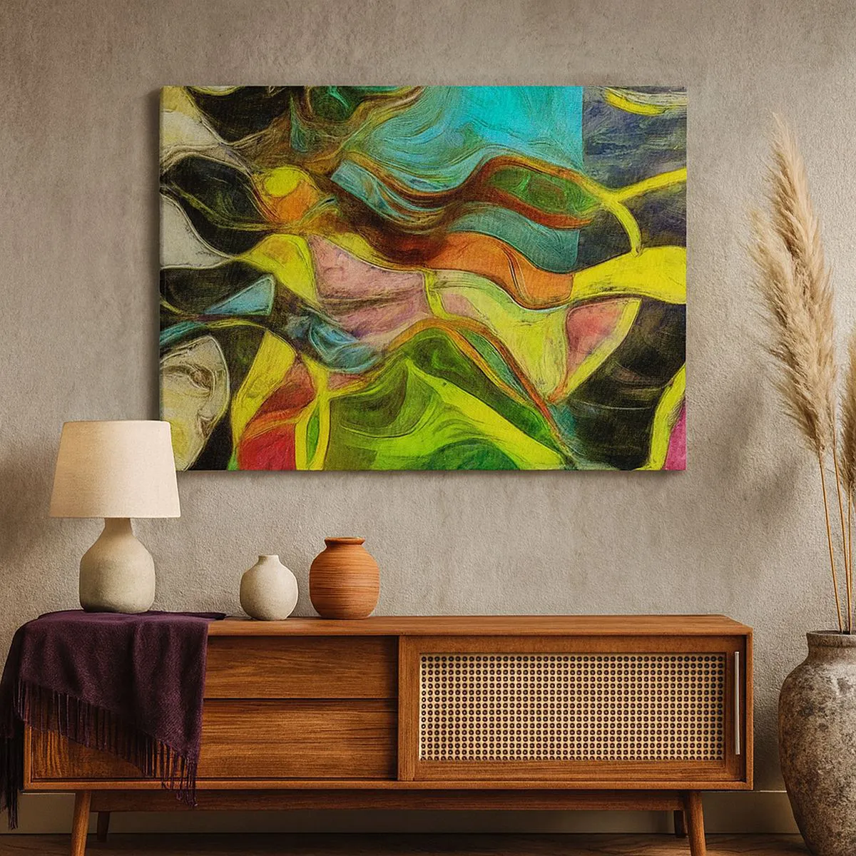 Quadro su tela - Stampe su Tela - Una composizione astratta con macchie colorate e linee dinamiche. - 70x50cm - Il movimento è vita - Decorazione murale moderna per soggiorno e camera da letto ARTTOR