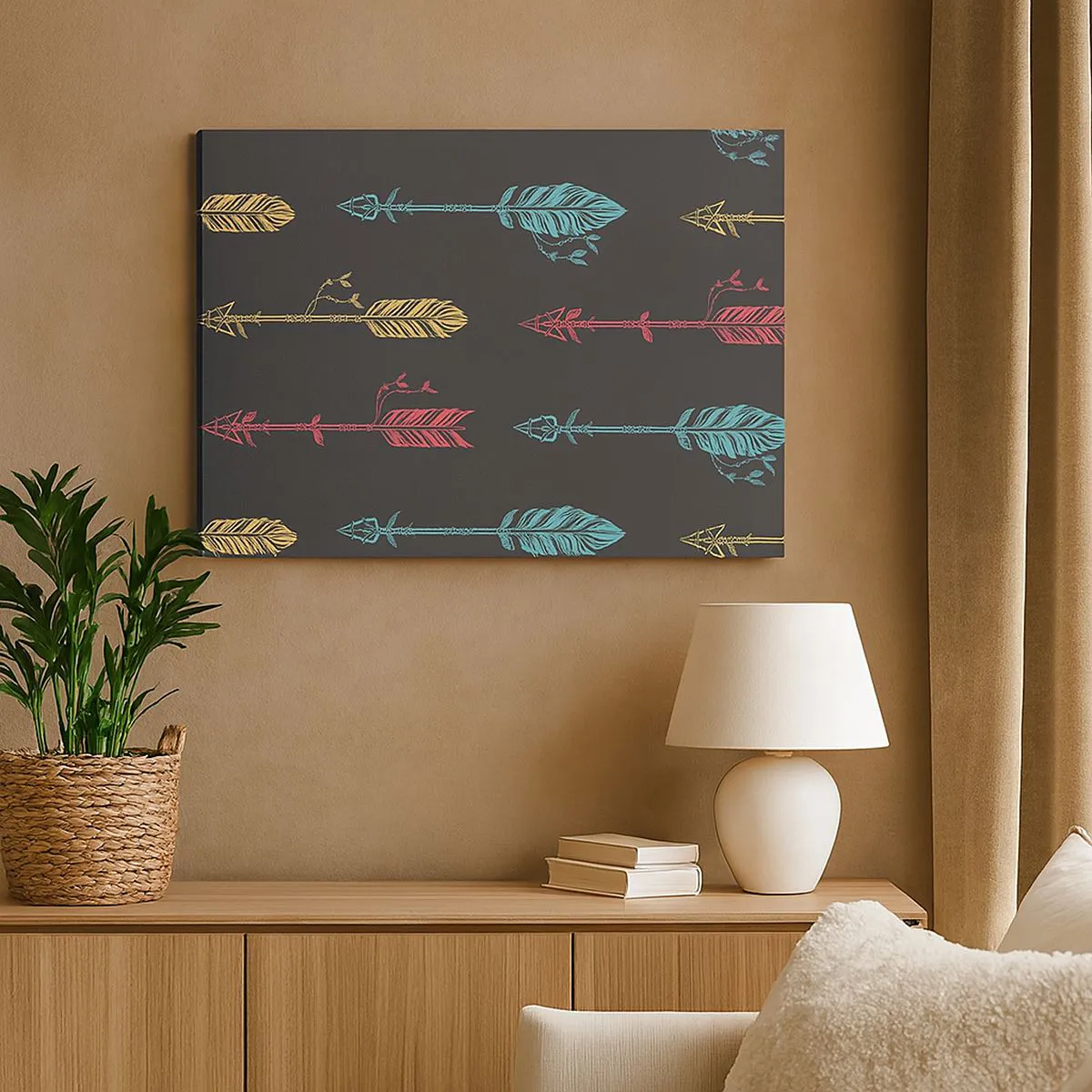 Quadro em tela - Padrão de seta estilizado em cores pastel sobre fundo escuro - 70x50cm - Em ordem - Decoração de parede moderna para a sala de estar e quarto ARTTOR