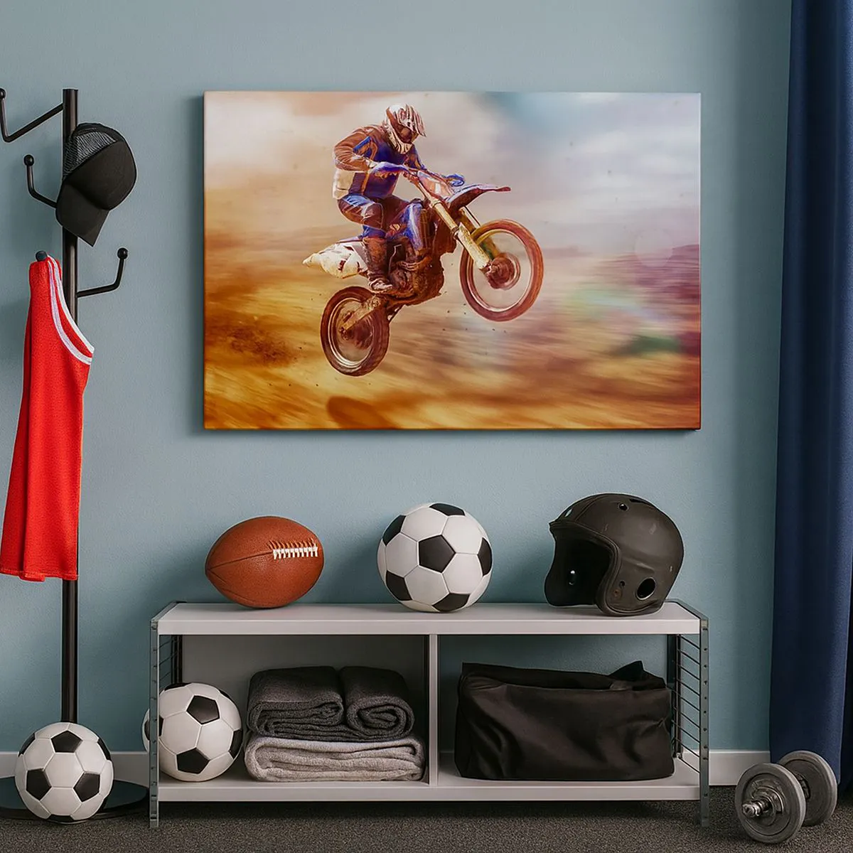 Canvastavla - Bild på duk - En motorcyklist i flykt under en dynamisk terrängkörning - 70x50cm - Motorcykelyrsel - Modern väggdekoration för vardagsrum och sovrum ARTTOR