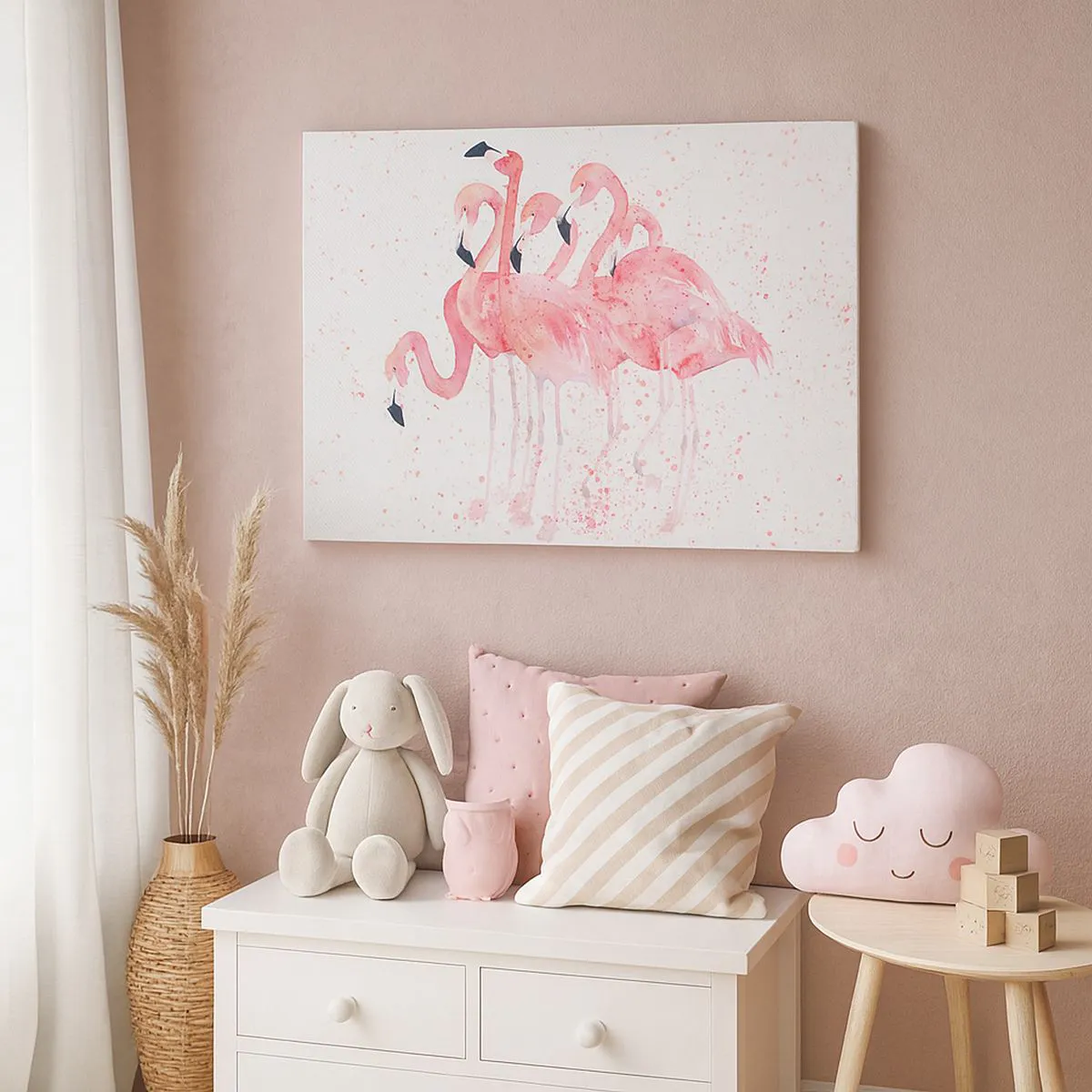 Tablou pe pânză Canvas - Flamingi roz într-un stil artistic de acuarelă - 70x50cm - Ansamblul roz - Decorațiune modernă pentru perete pentru living și dormitor ARTTOR