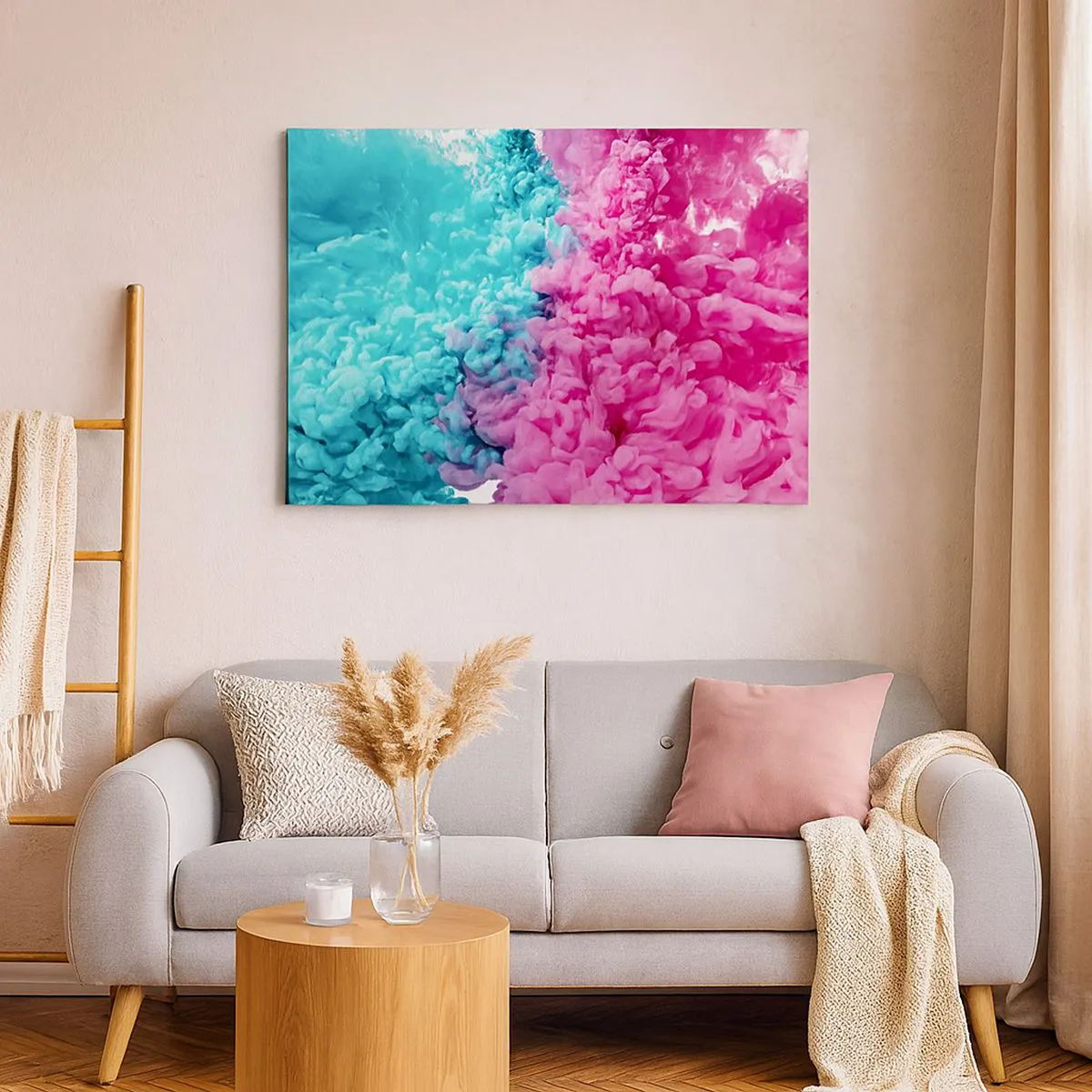 Tablou pe pânză Canvas - Valuri colorate de turcoaz și roz într-o formă abstractă - 70x50cm - O ciocnire decisivă - Decorațiune modernă pentru perete pentru living și dormitor ARTTOR