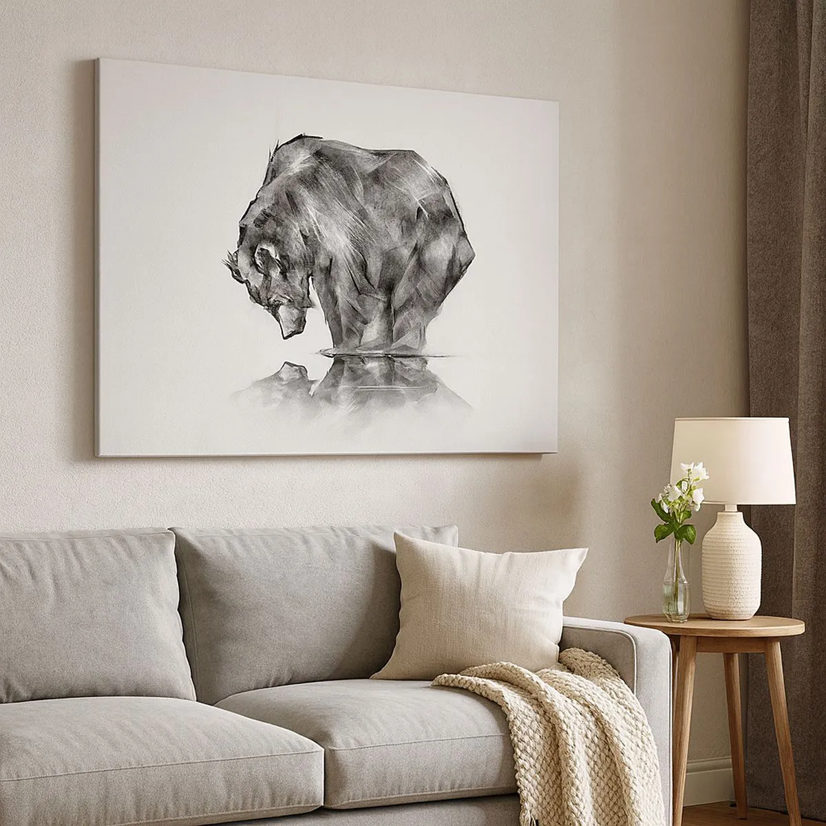 Quadro em tela - Um desenho de um urso em estilo minimalista - 70x50cm - É bom ver alguém próximo - Decoração de parede moderna para a sala de estar e quarto ARTTOR