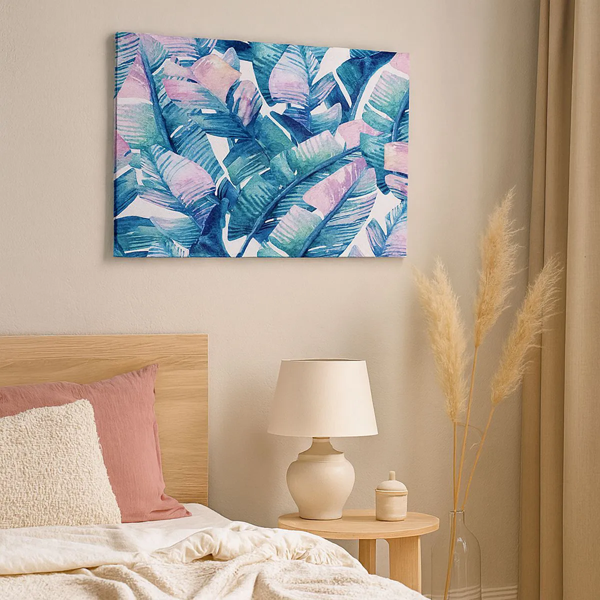 Cuadro sobre lienzo - Impresión de Imagen - Hojas de plátano en tonos azules y rosas. - 100x70cm - En una plantación de plátanos - Decoración de pared moderna para salón y dormitorio ARTTOR