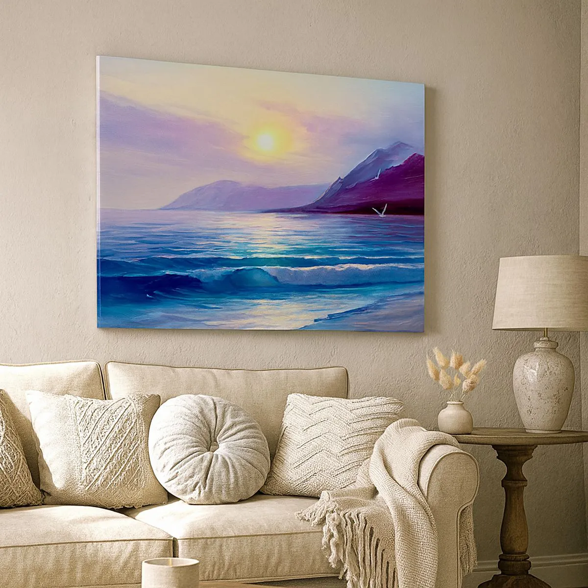 Tablou pe pânză Canvas - Un peisaj marin pitoresc la apus, cu valuri și munți - 70x50cm - Cristale de apă și aer - Decorațiune modernă pentru perete pentru living și dormitor ARTTOR