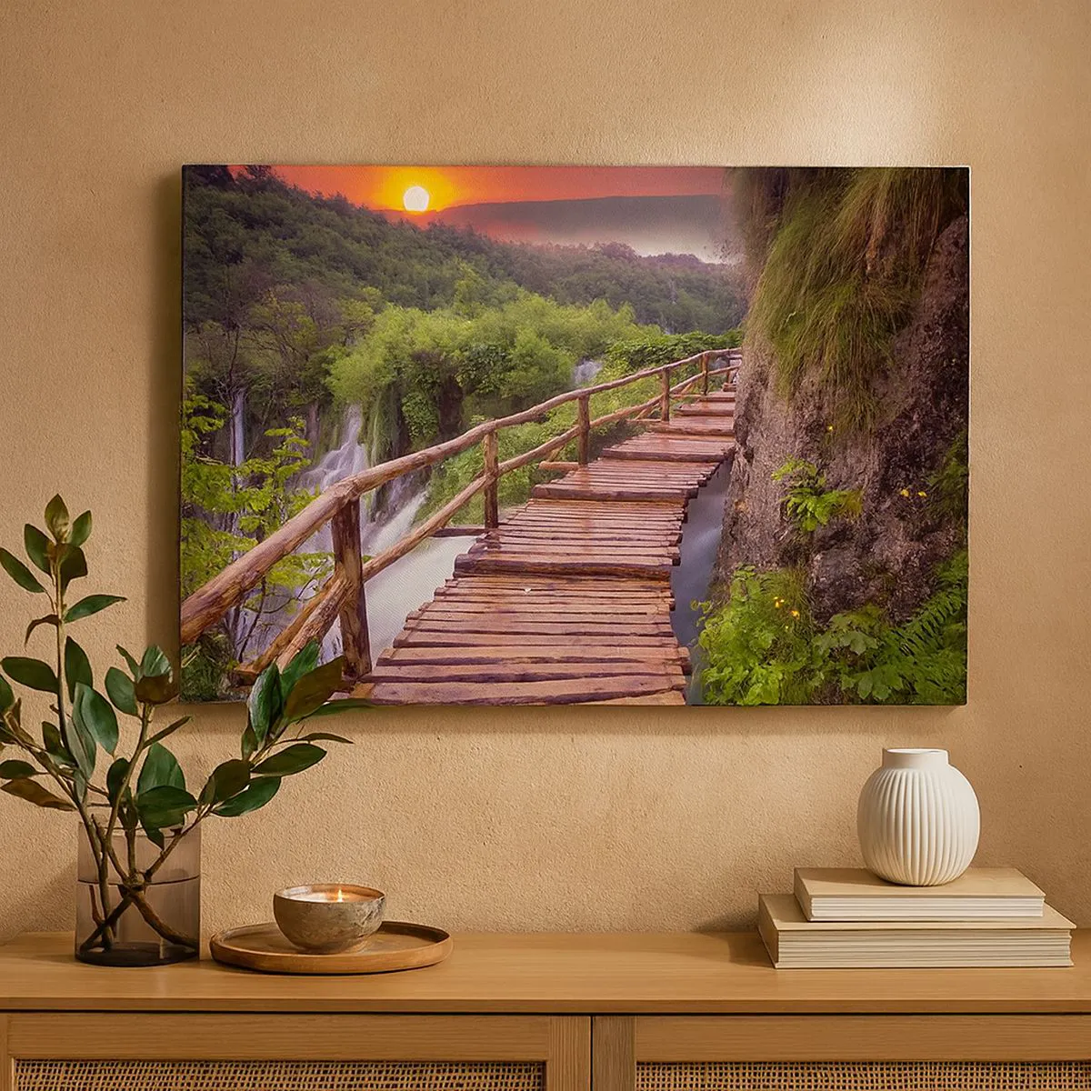 Quadro su tela - Stampe su Tela - Un ponte che domina le cascate al tramonto - 70x50cm - Una bellezza incredibile - Decorazione murale moderna per soggiorno e camera da letto ARTTOR