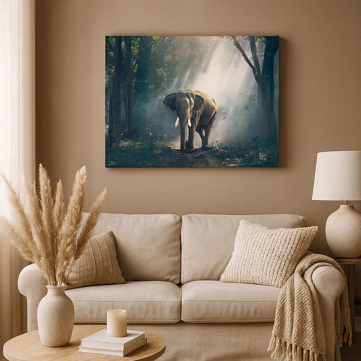 Obraz na płótnie - Słoń w świetle lasu - 70x50cm - Spokojna przechadzka - Nowoczesna dekoracja ścienna do salonu i sypialni ARTTOR