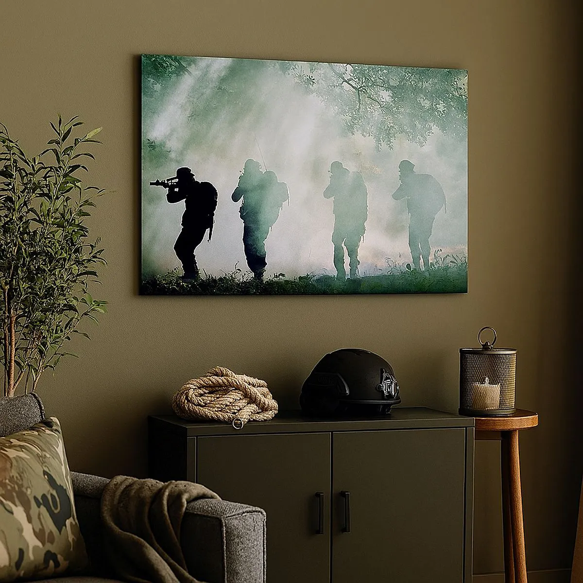 Impression sur toile - Image sur toile - Silhouettes de soldats dans une forêt entourée de brouillard - 70x50cm - Un pour tous… - Décoration murale moderne pour le salon et la chambre ARTTOR