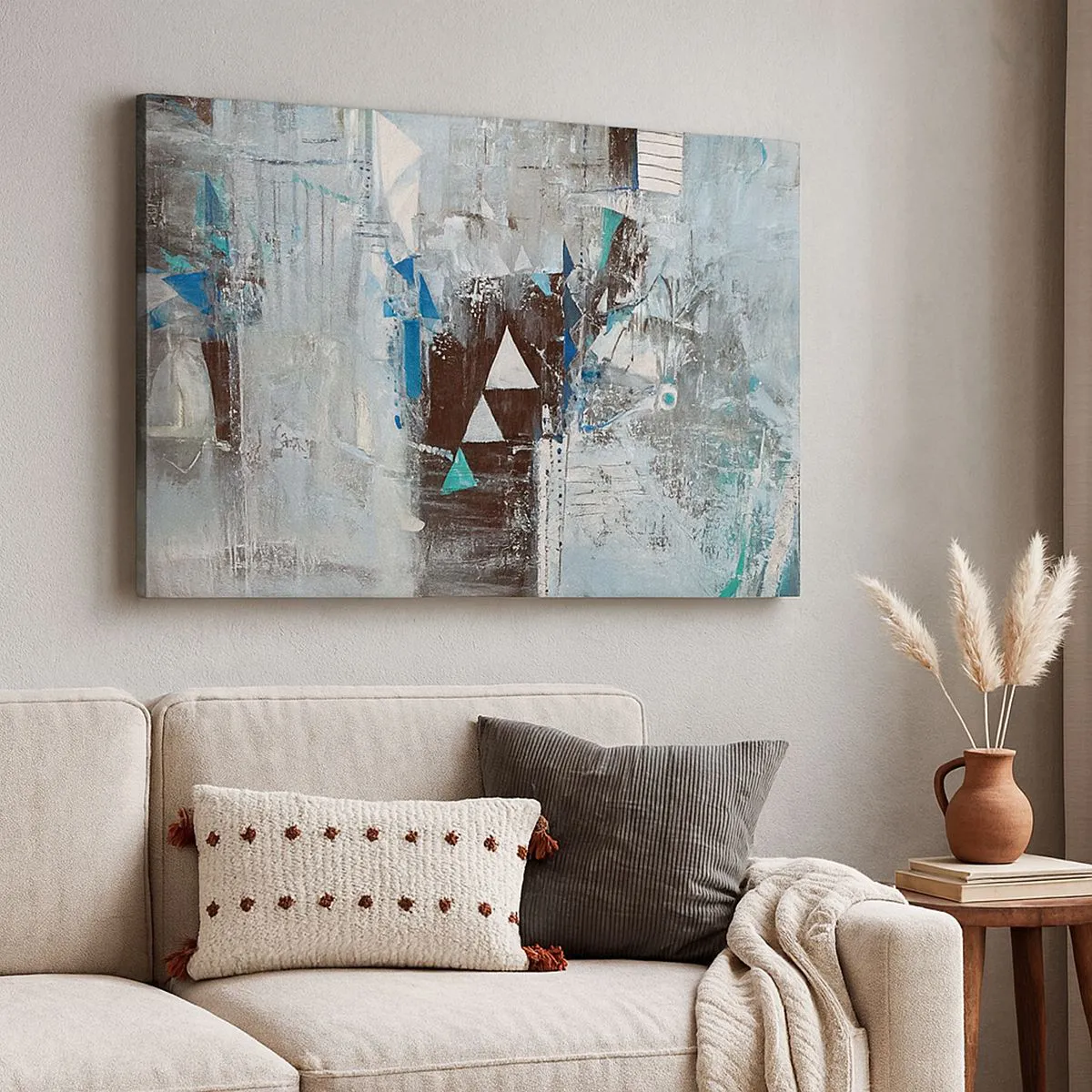 Lærredstryk - Billede på lærred - Abstrakt komposition med trekanter og geometriske mønstre - 70x50cm - Overordnet rækkefølge af trekanter - Moderne vægdekoration til stue og soveværelse ARTTOR