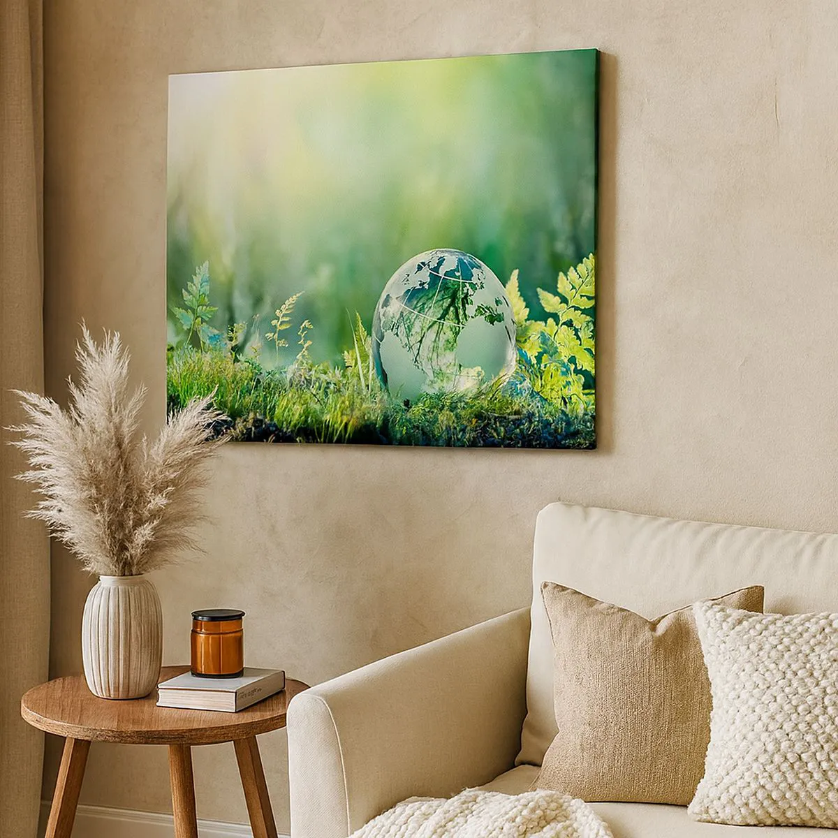 Cuadro sobre lienzo - Impresión de Imagen - Un globo de cristal entre el verdor de la naturaleza. - 70x50cm - Planeta verde - Decoración de pared moderna para salón y dormitorio ARTTOR