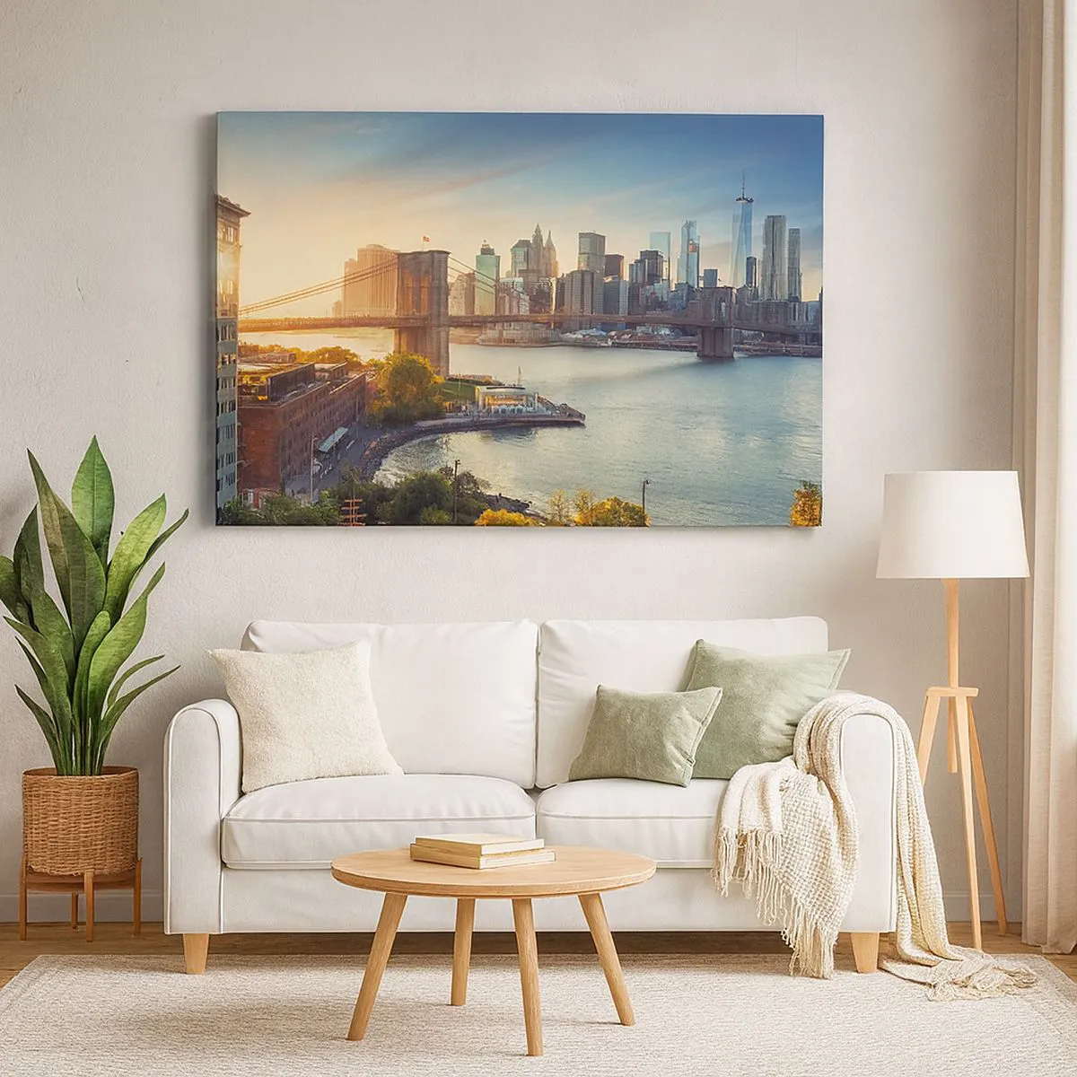 Quadro em tela - Panorama da cidade com a ponte ao pôr do sol - 70x50cm - O amanhecer da cidade grande - Decoração de parede moderna para a sala de estar e quarto ARTTOR