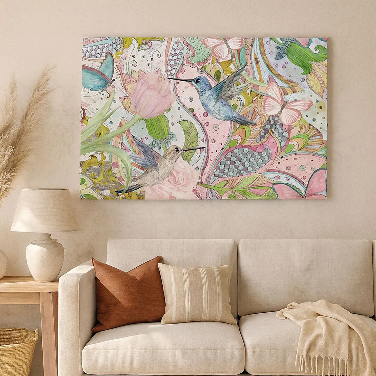 Bild auf Leinwand - Leinwandbild - Bunte Kolibris und Schmetterlinge zwischen den Pflanzen - 70x50cm - Verstrickt in Weinreben - Moderne Wanddekoration für Wohnzimmer und Schlafzimmer ARTTOR