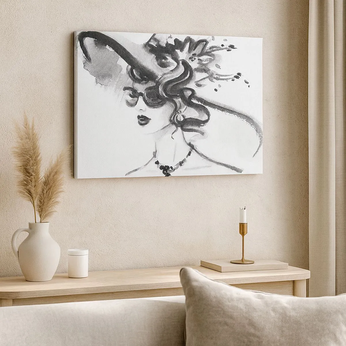 Quadro em tela - Mulher elegante com um chapéu em estilo preto e branco - 70x50cm - Uma dama com caráter - Decoração de parede moderna para a sala de estar e quarto ARTTOR