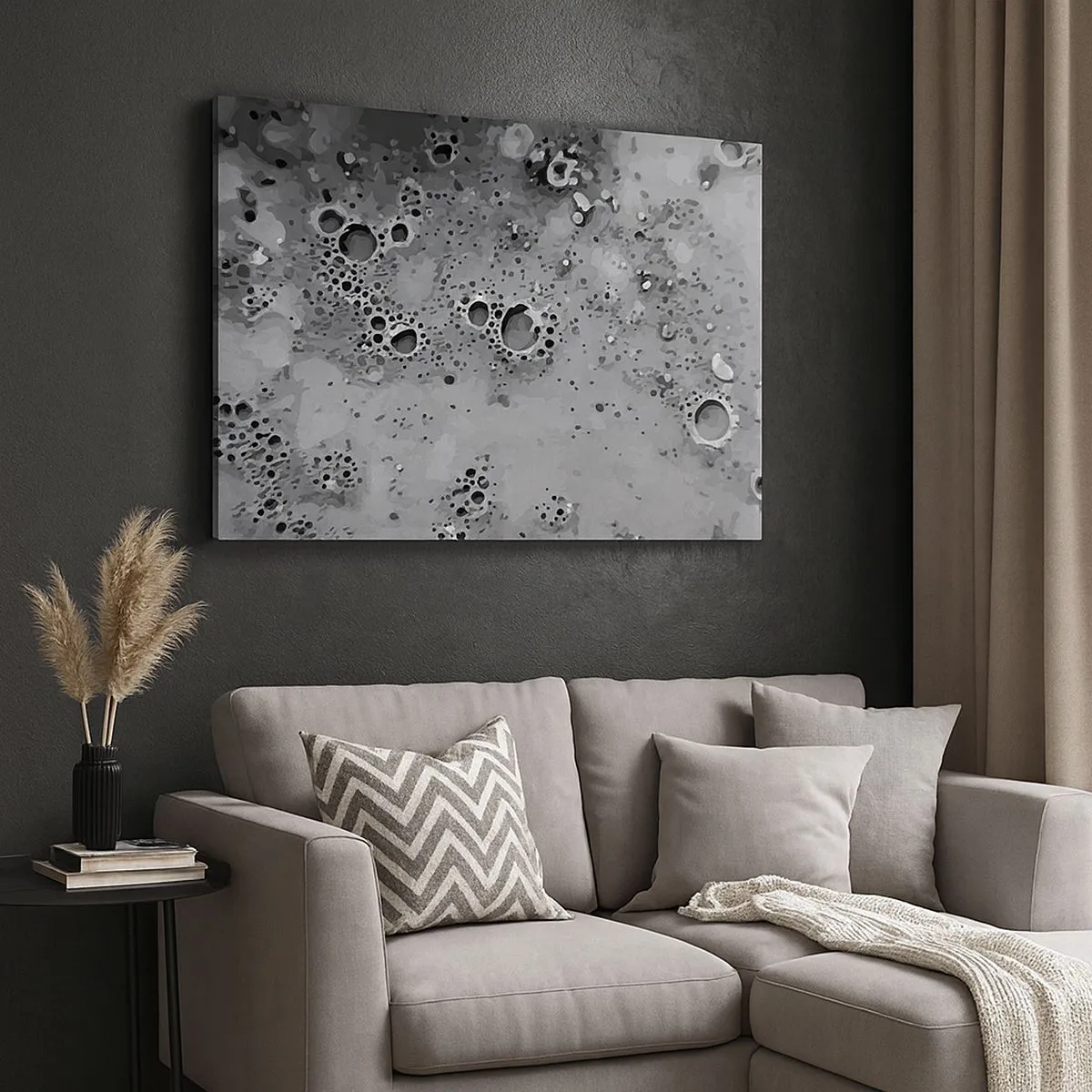 Quadro su tela - Stampe su Tela - Motivo astratto a bolle in bianco e nero - 70x50cm - Come un paesaggio lunare - Decorazione murale moderna per soggiorno e camera da letto ARTTOR
