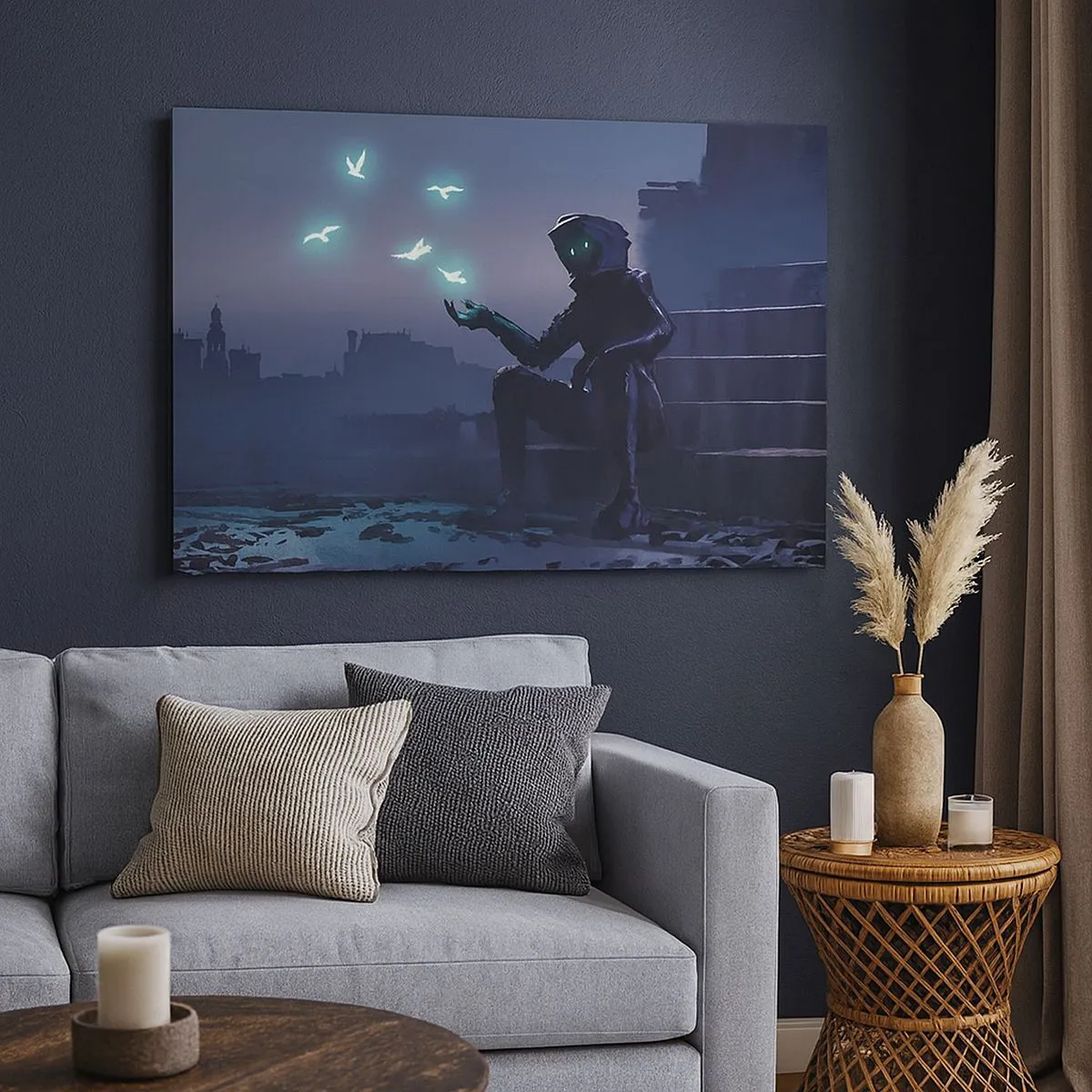 Impression sur toile - Image sur toile - Une silhouette encapuchonnée avec des oiseaux magiques en arrière-plan d'une ville - 70x50cm - La vie reviendra - Décoration murale moderne pour le salon et la chambre ARTTOR