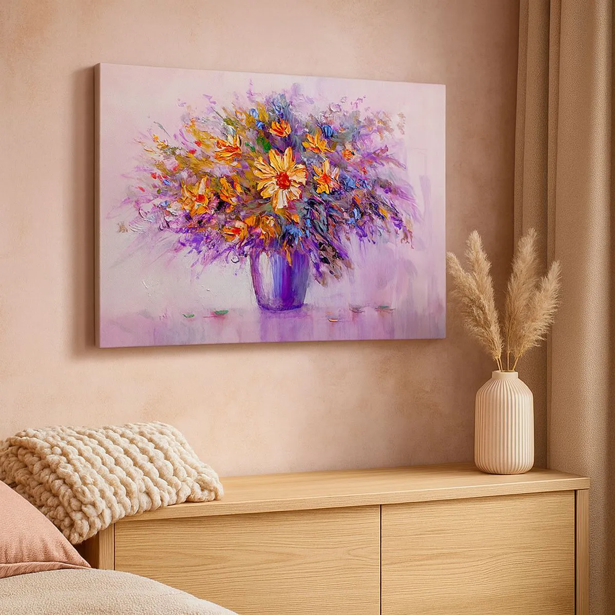 Schilderen op canvas - Een boeket bloemen in een vaas op een pastelkleurige achtergrond - 70x50cm - Het ruikt zoet, ziet er zoet uit - Moderne wanddecoratie voor woonkamer en slaapkamer ARTTOR
