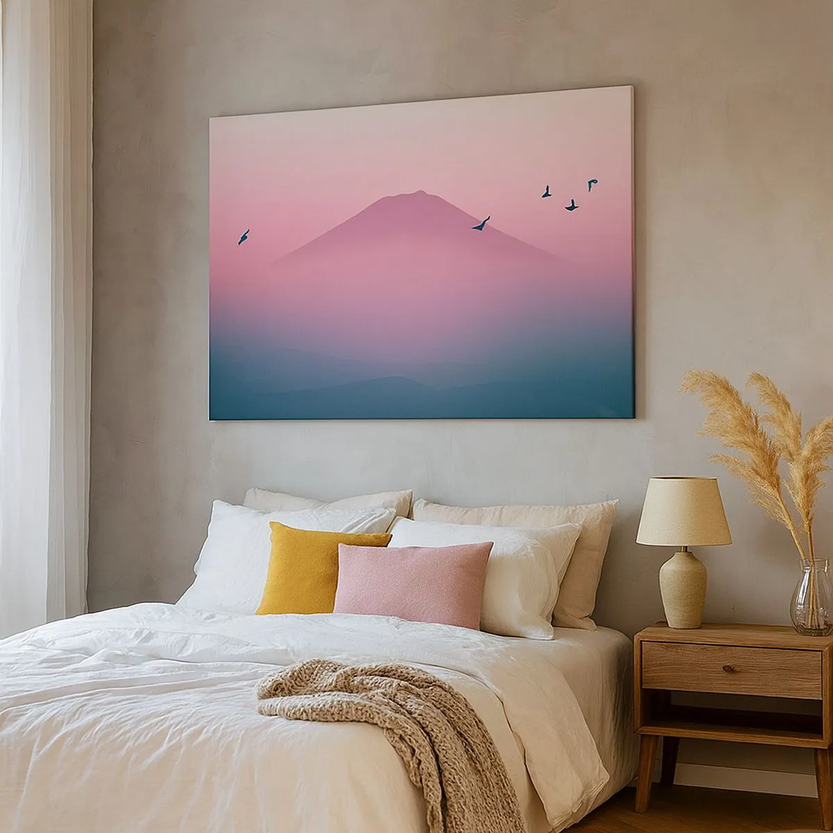 Bild auf Leinwand - Leinwandbild - Eine minimalistische Landschaft mit einem Berg und Vögeln bei Sonnenaufgang - 70x50cm - Wanderer über den Wolken - Moderne Wanddekoration für Wohnzimmer und Schlafzimmer ARTTOR