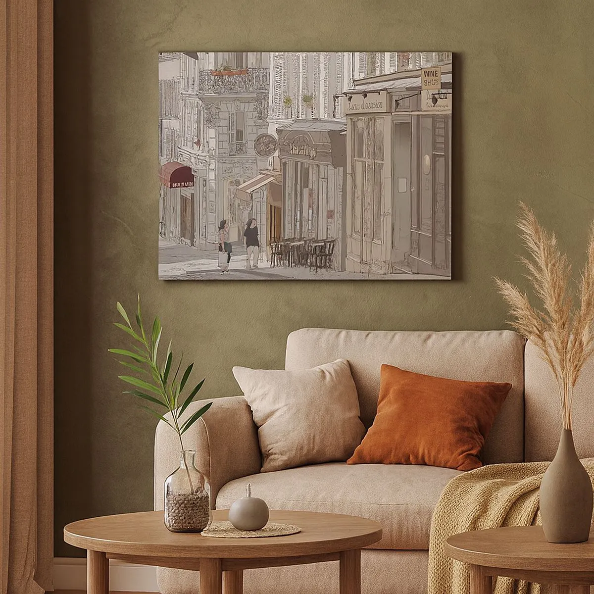 Bild auf Leinwand - Leinwandbild - Abbildung einer Stadtstraße mit Cafés und Geschäften - 70x50cm - Stadtfreuden - Moderne Wanddekoration für Wohnzimmer und Schlafzimmer ARTTOR