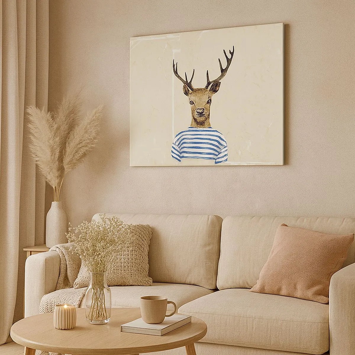 Bild auf Leinwand - Leinwandbild - Ein Hirsch im gestreiften Hemd auf hellem Hintergrund mit zarter Textur - 70x50cm - Weil ich gestreifte T-Shirts mag! - Moderne Wanddekoration für Wohnzimmer und Schlafzimmer ARTTOR