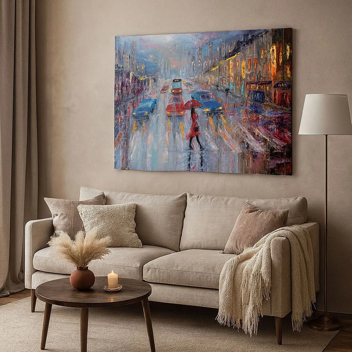 Vászonkép - Egy nő esernyővel egy esős utcán a neonfényben. - 70x50cm - Esős