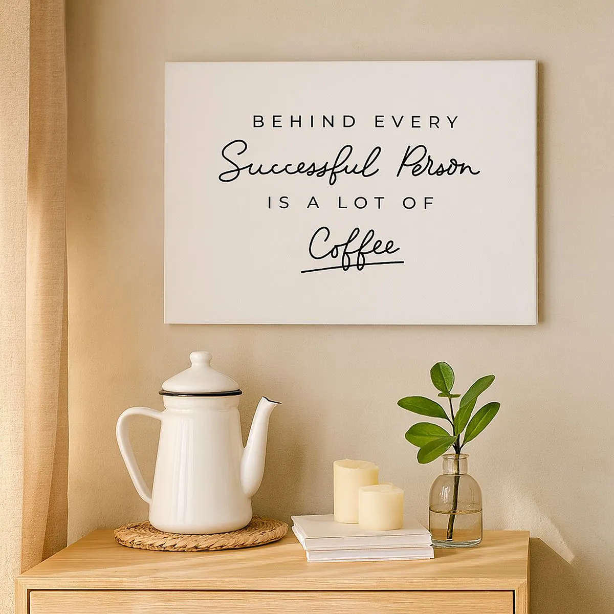 Bild auf Leinwand - Leinwandbild - Ein minimalistisches Zitat über Erfolg und Kaffee auf weißem Hintergrund. - 100x70cm - Erfolgsgeheimnis - Moderne Wanddekoration für Wohnzimmer und Schlafzimmer ARTTOR
