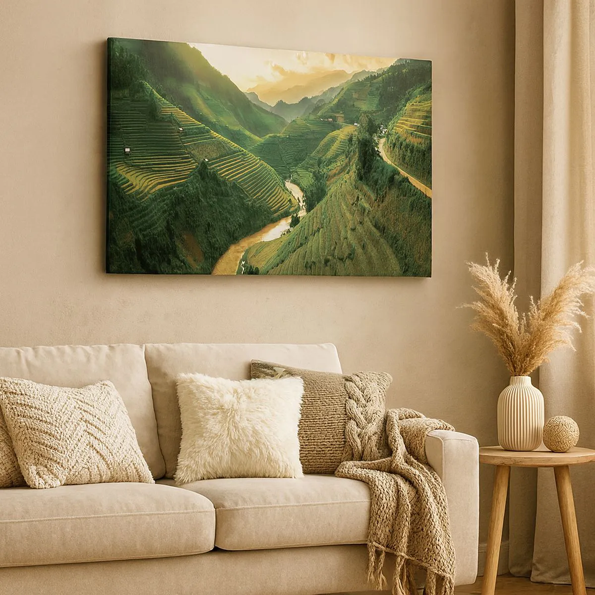 Obraz na plátne - Malebné ryžové terasy v zelenom údolí osvetlenom zapadajúcim slnkom - 70x50cm - Vietnamské údolie - Moderná nástenná dekorácia do obývacej izby a spálne ARTTOR