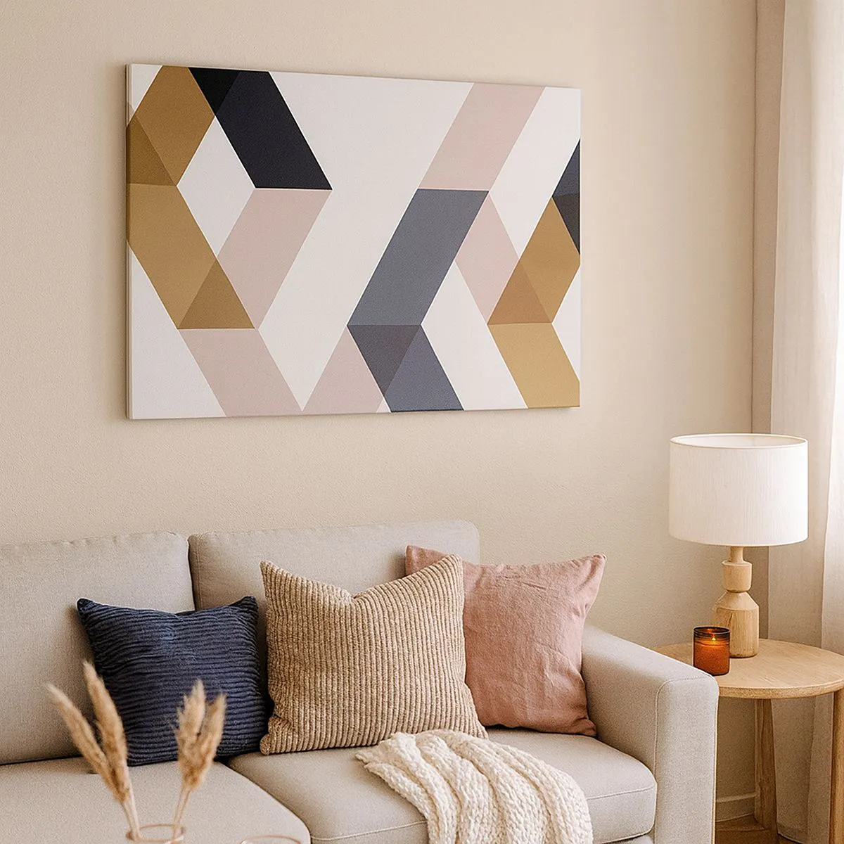 Quadro em tela - Padrões geométricos em tons de dourado e azul marinho - 70x50cm - Planos e ângulos - Decoração de parede moderna para a sala de estar e quarto ARTTOR