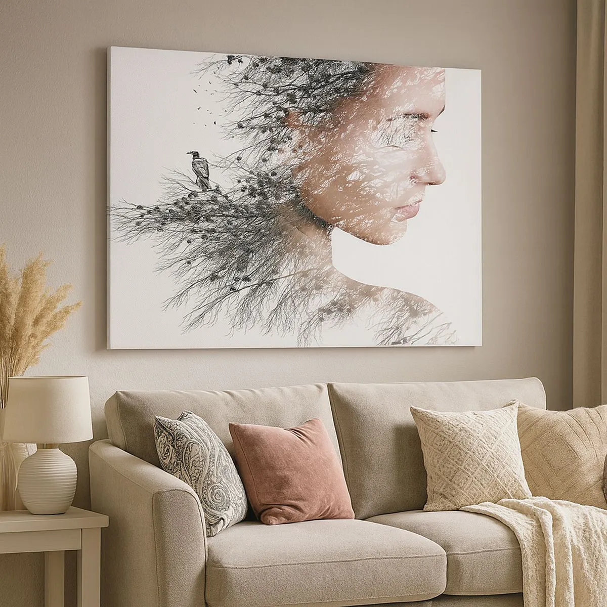 Canvas picture - Silhouette of a woman with a branch and bird motif in the background - 70x50cm - Spirit of a Forest - Modern wall decoration for the living room and bedroom ARTTOR