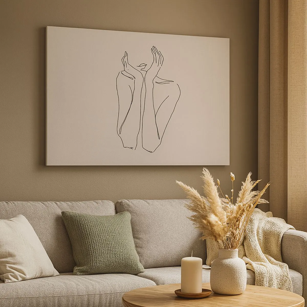 Obraz na płótnie - Minimalistyczny rysunek twarzy i dłoni linią - 100x70cm - O czym marzą dziewczyny - Nowoczesna dekoracja ścienna do salonu, kuchni i sypialni ARTTOR