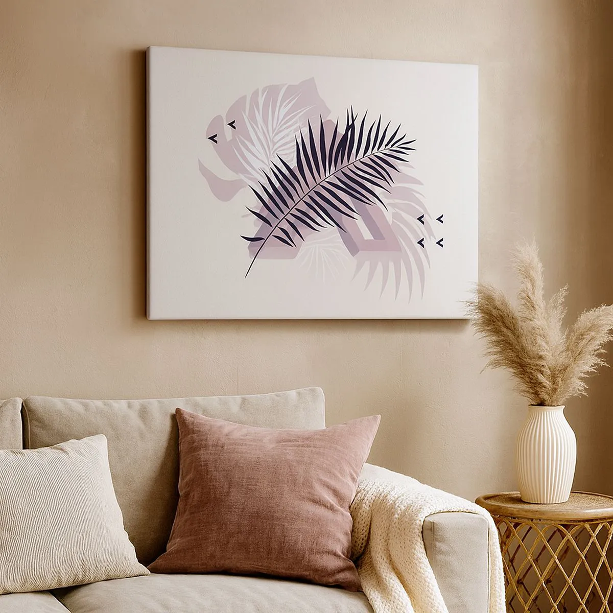 Quadro su tela - Stampe su Tela - Una composizione minimalista con foglie e forme geometriche - 70x50cm - L'ombra dell'ombra - Decorazione murale moderna per soggiorno e camera da letto ARTTOR