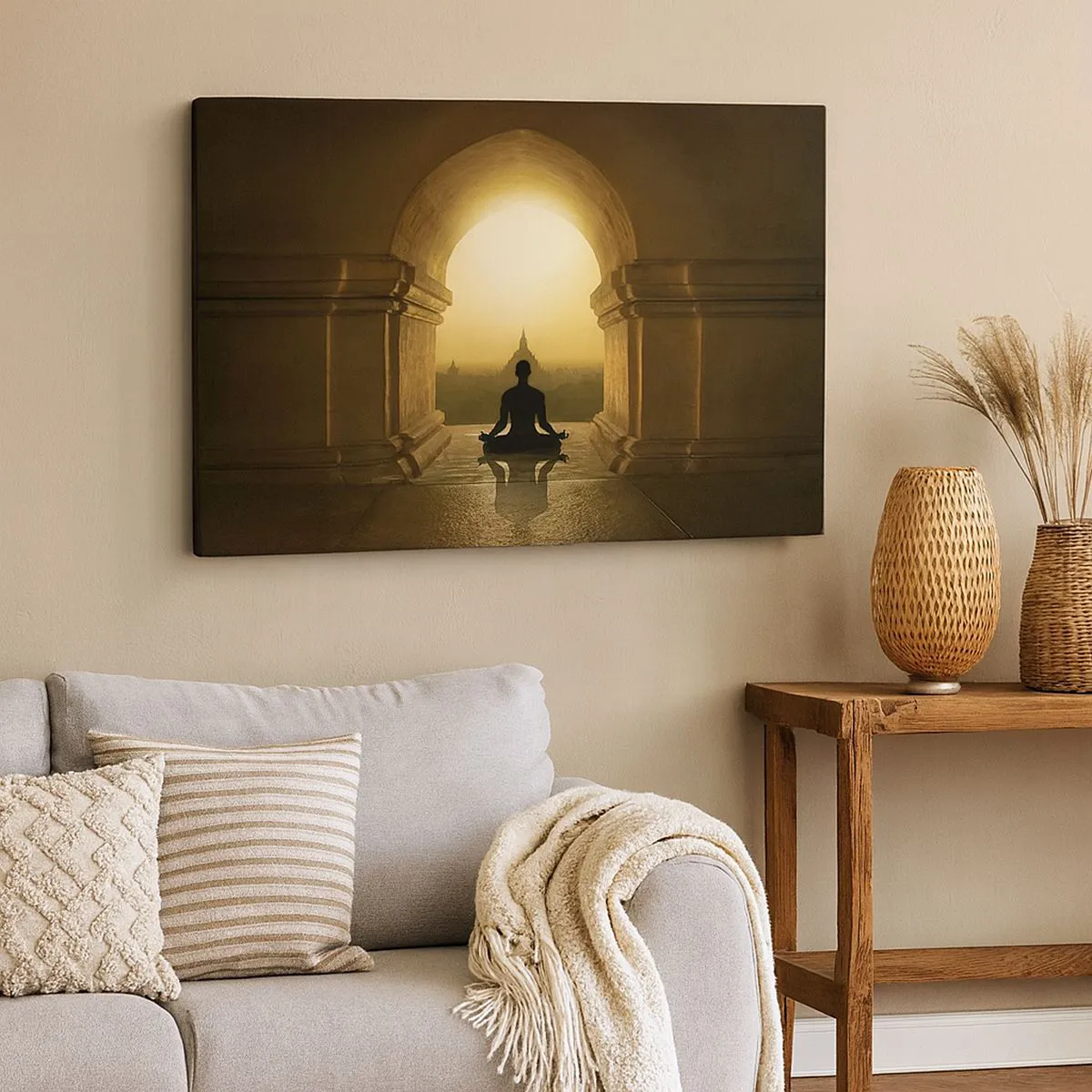 Tablou pe pânză Canvas - Silueta unei persoane care meditează în lumina soarelui care apune - 70x50cm - Armonie completă - Decorațiune modernă pentru perete pentru living și dormitor ARTTOR