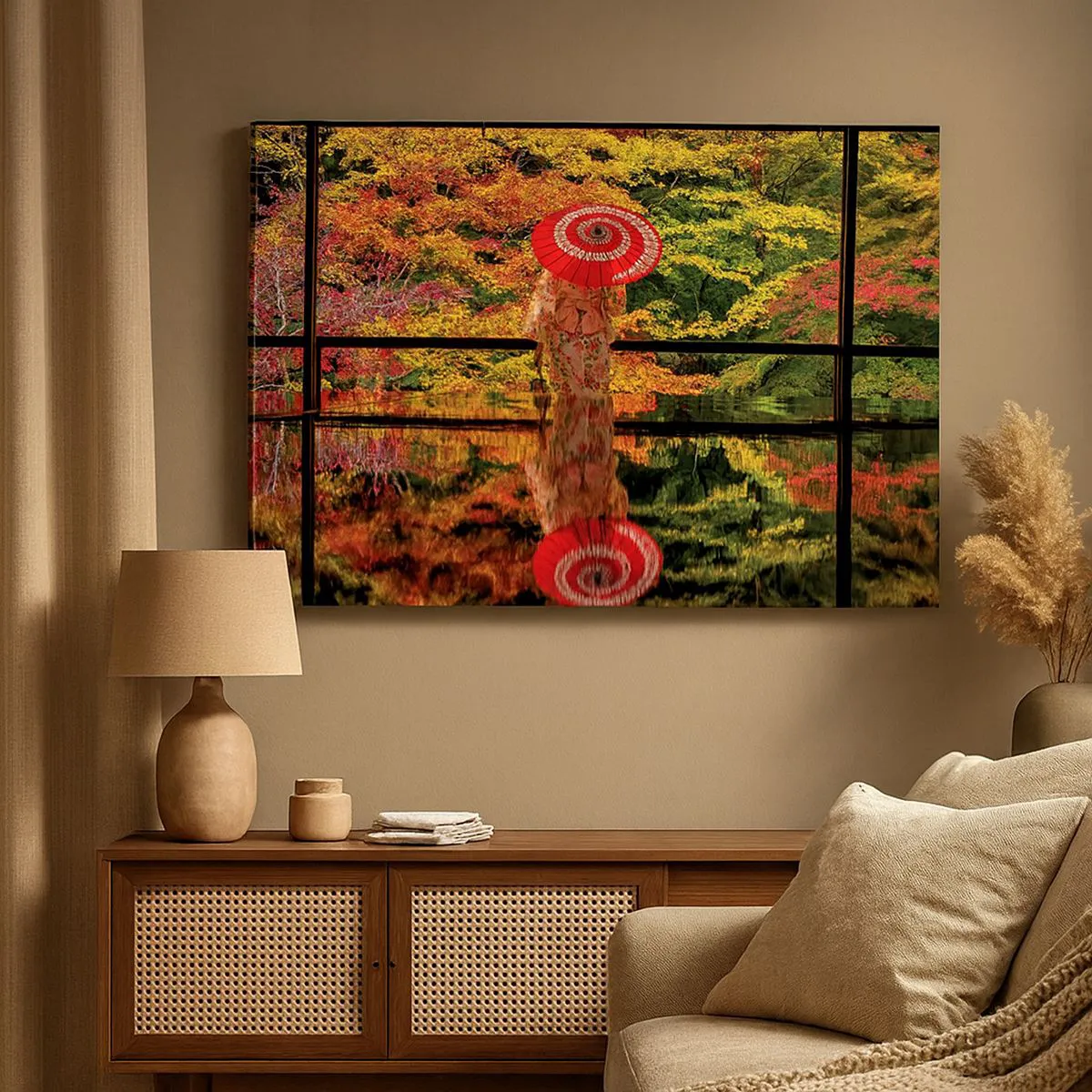 Quadro su tela - Stampe su Tela - Una donna in kimono con un ombrello sullo sfondo di un paesaggio autunnale. - 70x50cm - Nel tempio della natura - Decorazione murale moderna per soggiorno e camera da letto ARTTOR