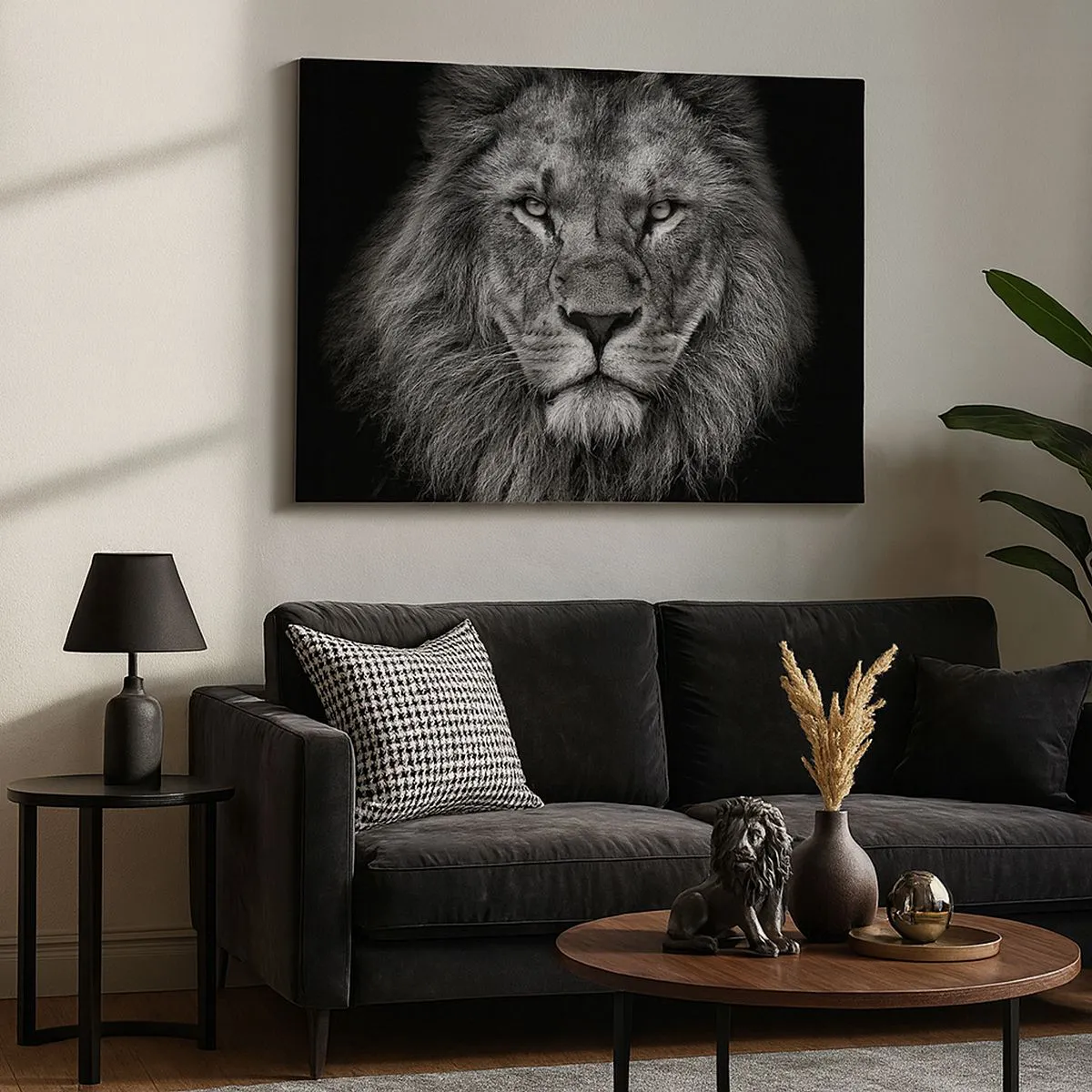 Schilderen op canvas - Portret van een majestueuze leeuw in zwart-wit - 70x50cm - In een kroningskleed - Moderne wanddecoratie voor woonkamer en slaapkamer ARTTOR