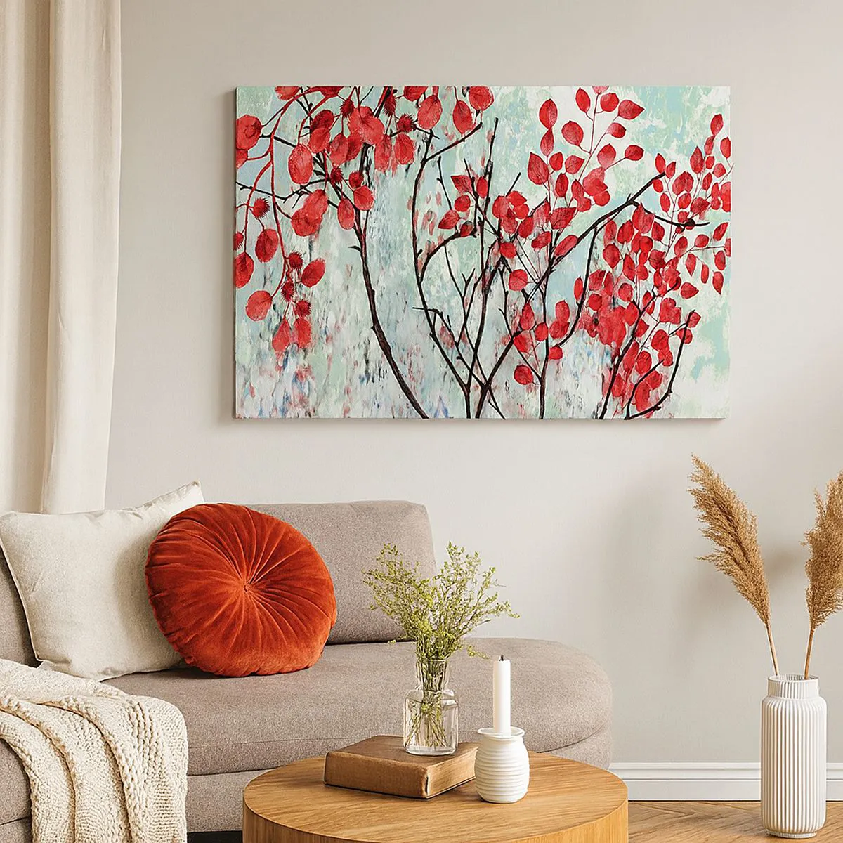 Impression sur toile - Image sur toile - Feuilles rouges sur un ciel lumineux avec des motifs abstraits - 70x50cm - Arbre en écarlate - Décoration murale moderne pour le salon et la chambre ARTTOR