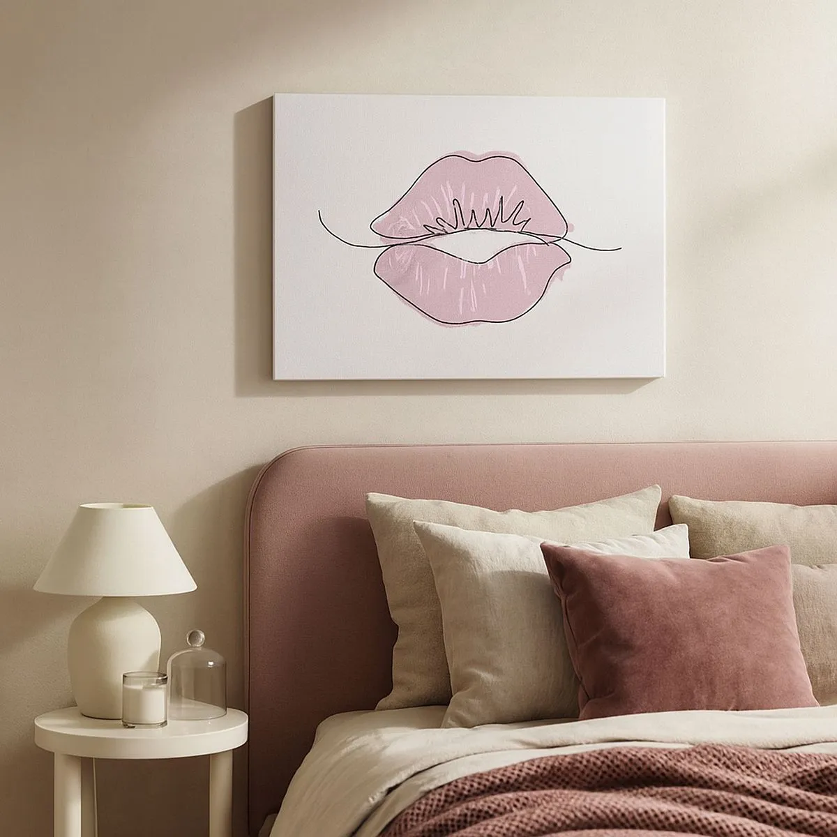 Canvastavla - Bild på duk - Minimalistisk läppteckning i en rosa nyans - 70x50cm - Redo att kyssas? - Modern väggdekoration för vardagsrum och sovrum ARTTOR