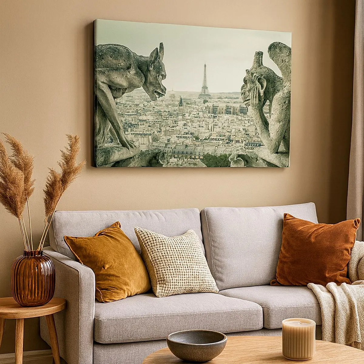 Impression sur toile - Image sur toile - Gargouilles surplombant les toits de Paris et la Tour Eiffel - 70x50cm - Bavardage parisien - Décoration murale moderne pour le salon et la chambre ARTTOR