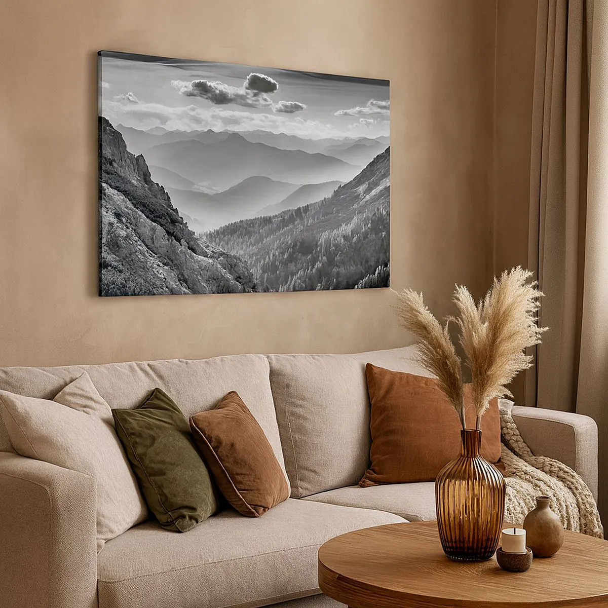 Quadro em tela - Paisagem montanhosa em preto e branco com nuvens sobre os picos - 70x50cm - Até ao horizonte - Decoração de parede moderna para a sala de estar e quarto ARTTOR