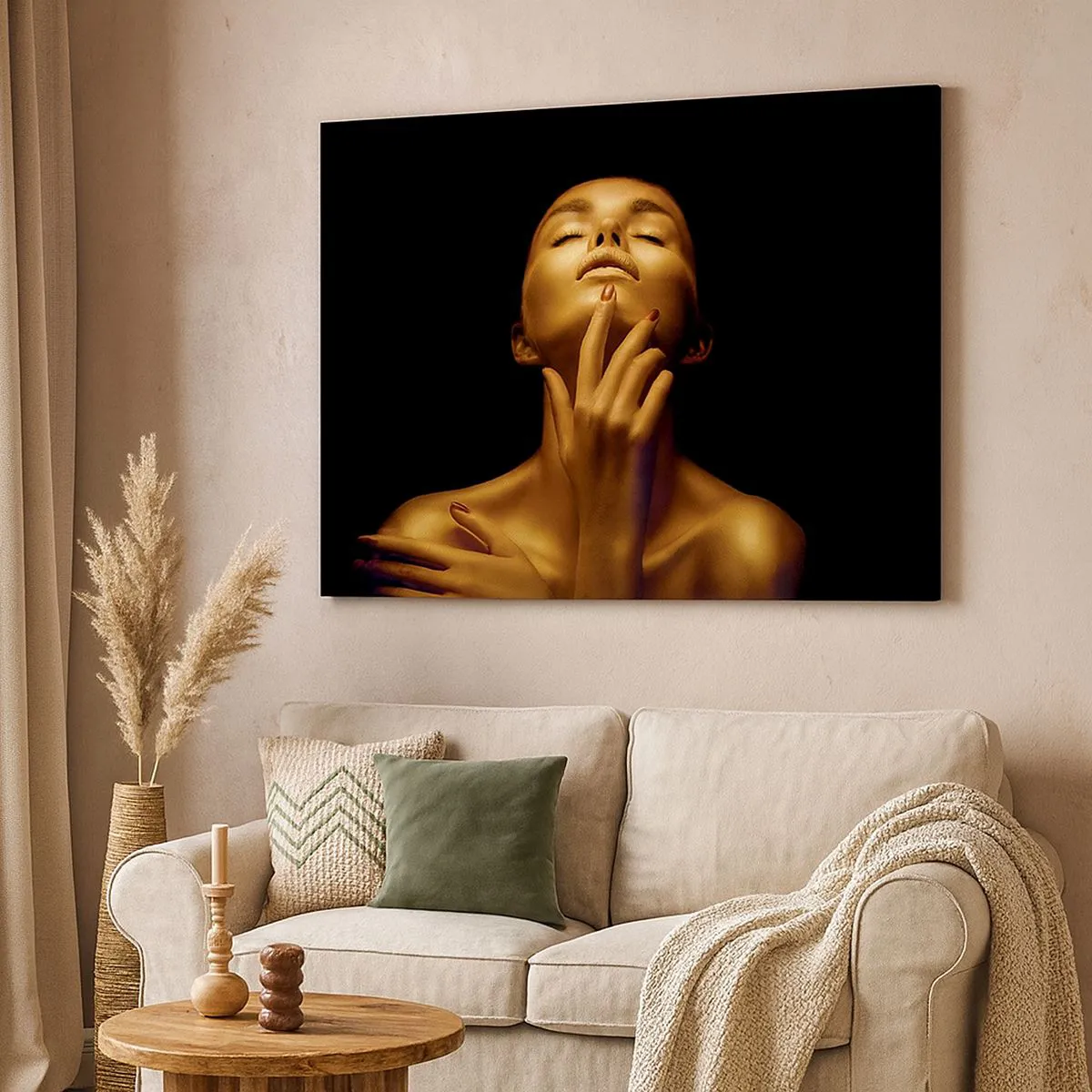 Quadro em tela - Retrato de uma mulher com um brilho dourado sobre um fundo preto - 70x50cm - Como seda dourada - Decoração de parede moderna para a sala de estar e quarto ARTTOR