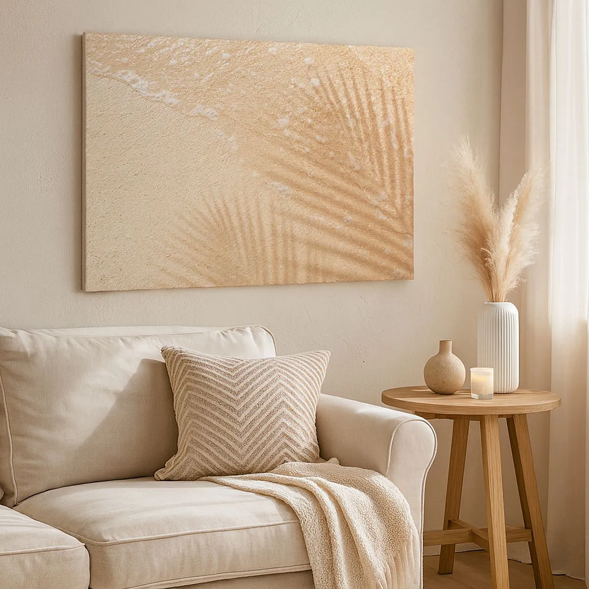 Impression sur toile - Image sur toile - L'ombre d'un palmier sur le sable avec un délicat motif de vagues - 100x70cm - Ombre d'un été chaud - Décoration murale moderne pour le salon et la chambre ARTTOR